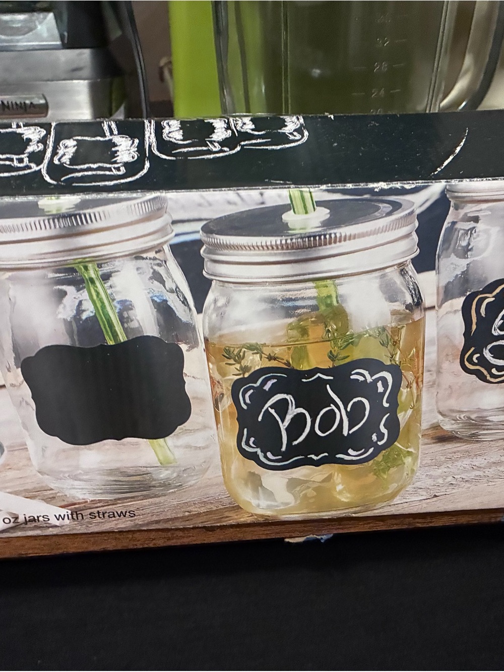 Mason Jar Drinking Glasses with Chalkboard Labels and Straws - Clear